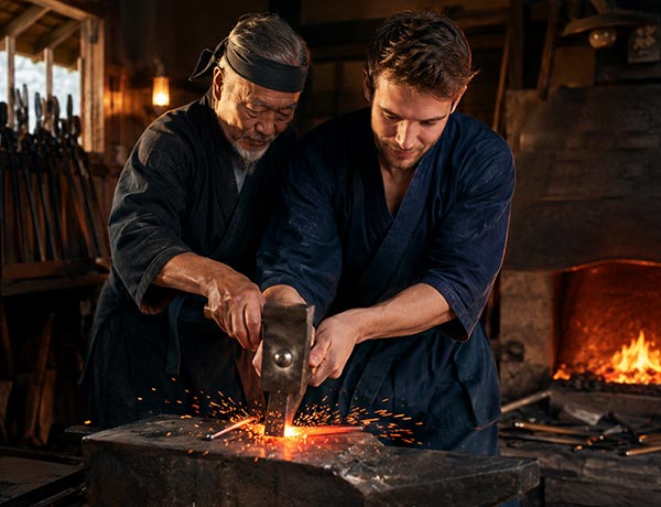 Traditional samurai sword making workshop at a Japanese forge