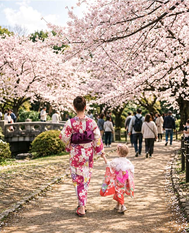 Families with Kids - Parents and young children walking under blooming sakura trees in a scenic Japanese garden