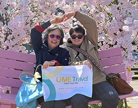 Mother and daughter posing inside cherry blossom trees