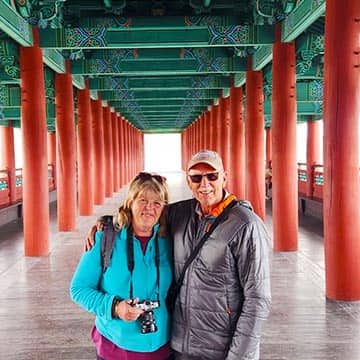 Senior couple visiting a traditional palace in Seoul, South Korea