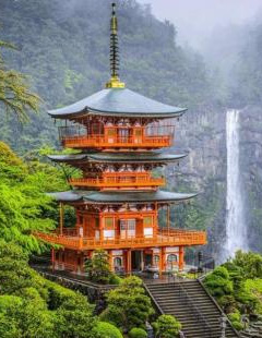 Scenic sacred waterfall pagoda in Japan